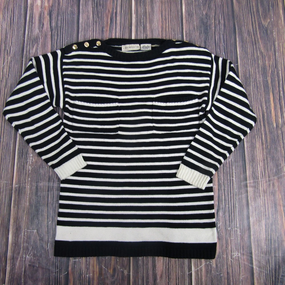 Vintage Liz Claiborne Sweater Womens Small Black Stripe Button Shoulder 80s
